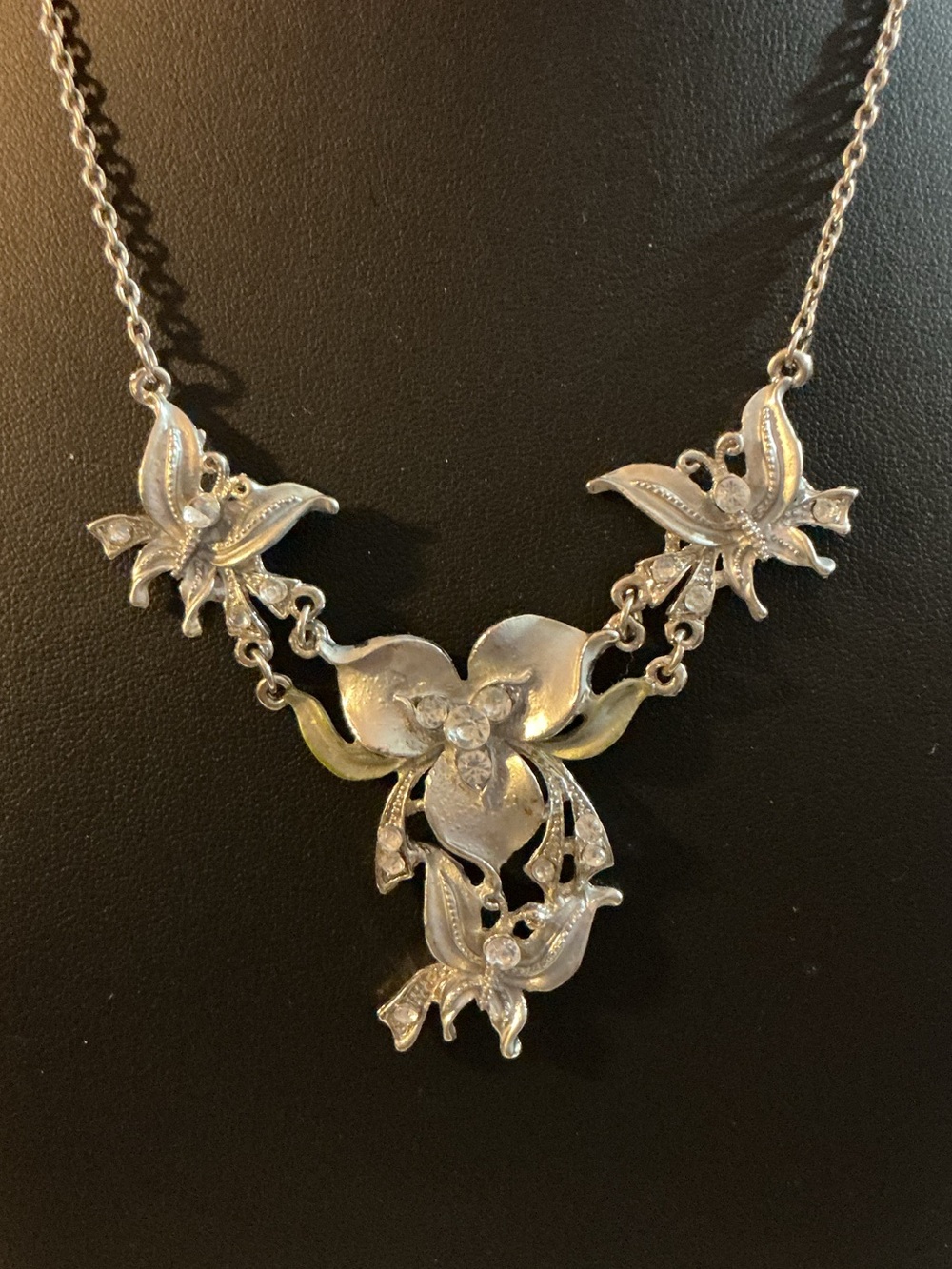 Butterfly and Floral Romantic Rhinestone Silver Tone Statement Necklace - Picture 2 of 4